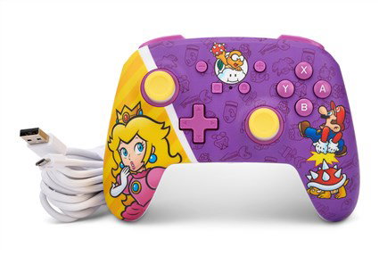 PowerA Mando avec câble NSGP0092-01 pour Nintendo Switch - Design Princess Peach Battle - 2 boutons programmables, prise casque, câble USB-C 3m